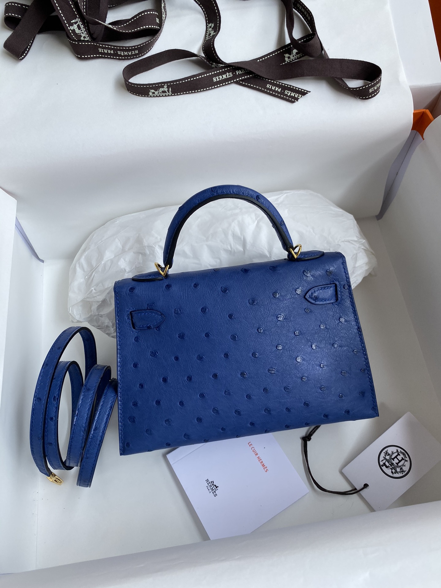 Hermes Kelly Mini II Bag 19CM In Blue Electric Ostrich Leather